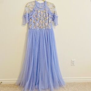 Needle & Thread Dress Blue Floral Bouquet Bodice Ankle Gown Tulle Rosette Dress